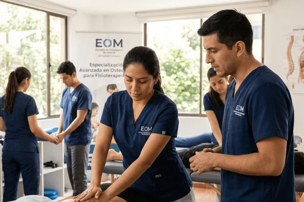 Licenciada en Terapia Física realizando técnica de osteopatía en Lima - EOM Perú